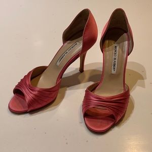 pink satin Manolo Blahnik open-toe heels